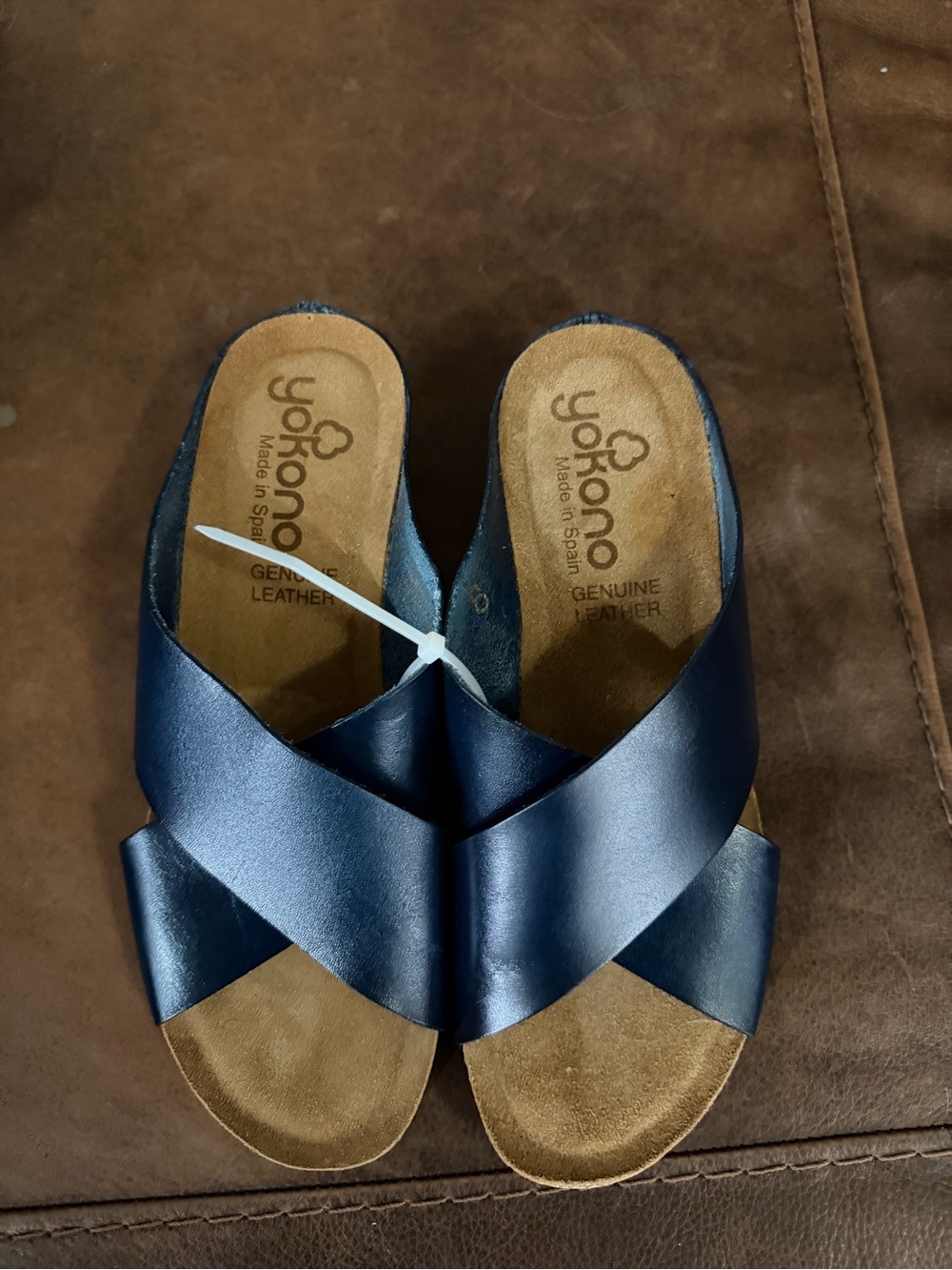 Yokono Navy Leather Crisscross Wedge Slides for Women